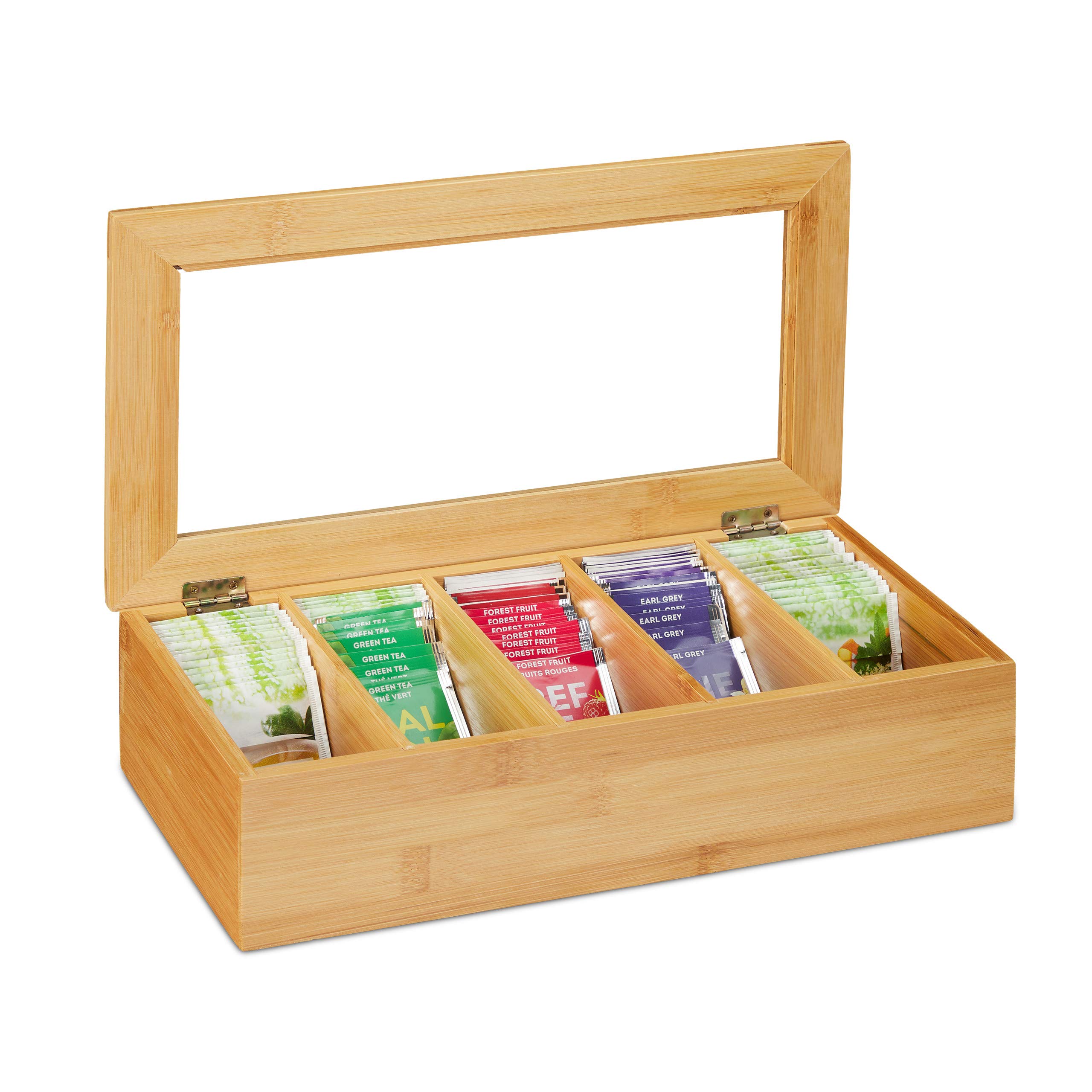 Relaxdays Tea Box, 5 Compartments, Organiser Chest, H x W x D: 9 x 37 x 20 cm, Bamboo, Natural