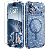 BERFY for iPhone 17 Pro Case for Women, Compatible with MagSafe, Clear Glitter Shockproof Protective Case, Anti-Yellowing, with Screen Protector & 3 Diamond Camera Lens Covers 6.3", Sparkle Blue