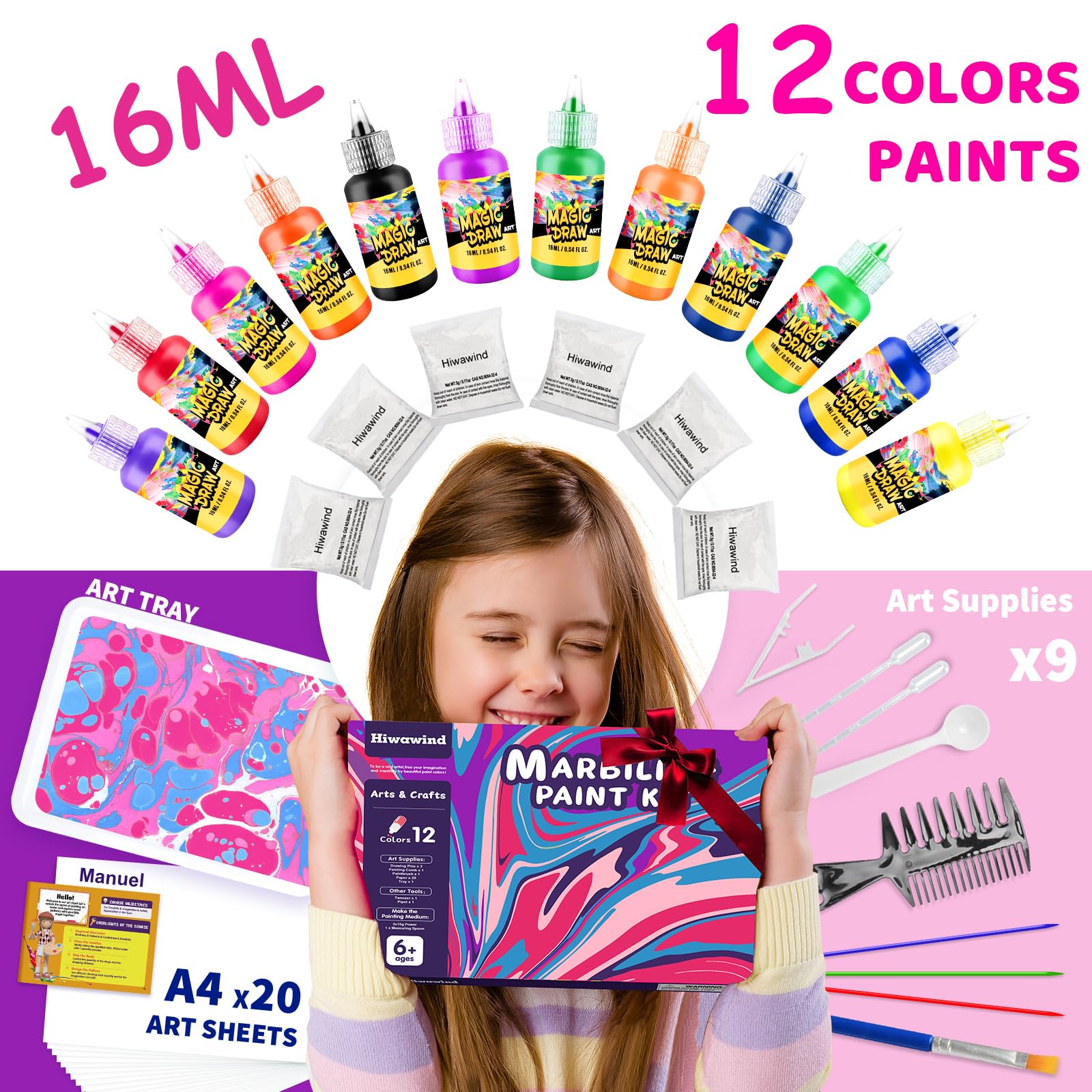Hiwawind Water Marbling Paint Art Kit for Kids - Art Supplies for Girls & Boys 8-12, Ideal Gifts for 6-12 Year Olds (12 Colors)