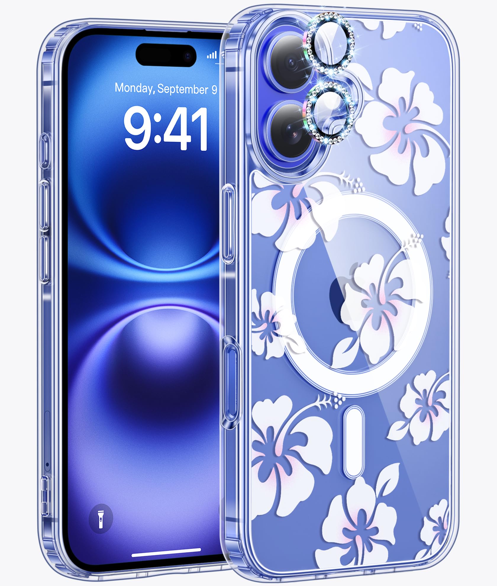 Jkvare for iPhone 16 Case Compatible with MagSafe, [Diamond Bling Camera Lens Protector], Crystal Clear Aesthetic Pattern Wireless Magnetic Protective Phone Cover for Women Girls - Pastel Hibiscus