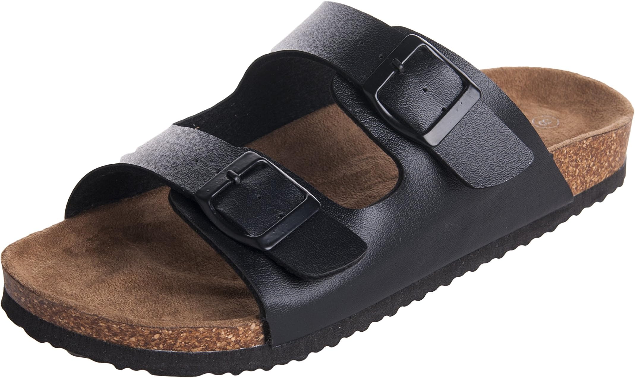 WTW Men's Arizona 2-Strap PU Leather Platform Sandals, Slid-on Cork Footbed Sandals with Double Metal Adjustable Buckles, Causal Style