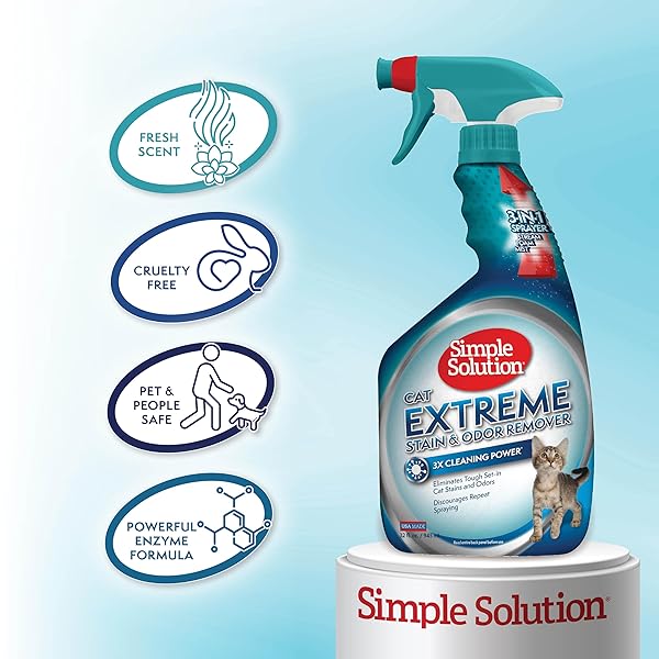 SIMPLE SOLUTION EXTREME PET STAIN AND ODOR ELIMINATOR SPRAY FOR DOGS & CATS, ENZYME CLEANER WITH 3X PRO-BACTERIA CLEANING POWER- STRONG URINE PEE & POOP CARPET & FLOOR STAIN REMOVER, 32 OZ (PACK OF 2)