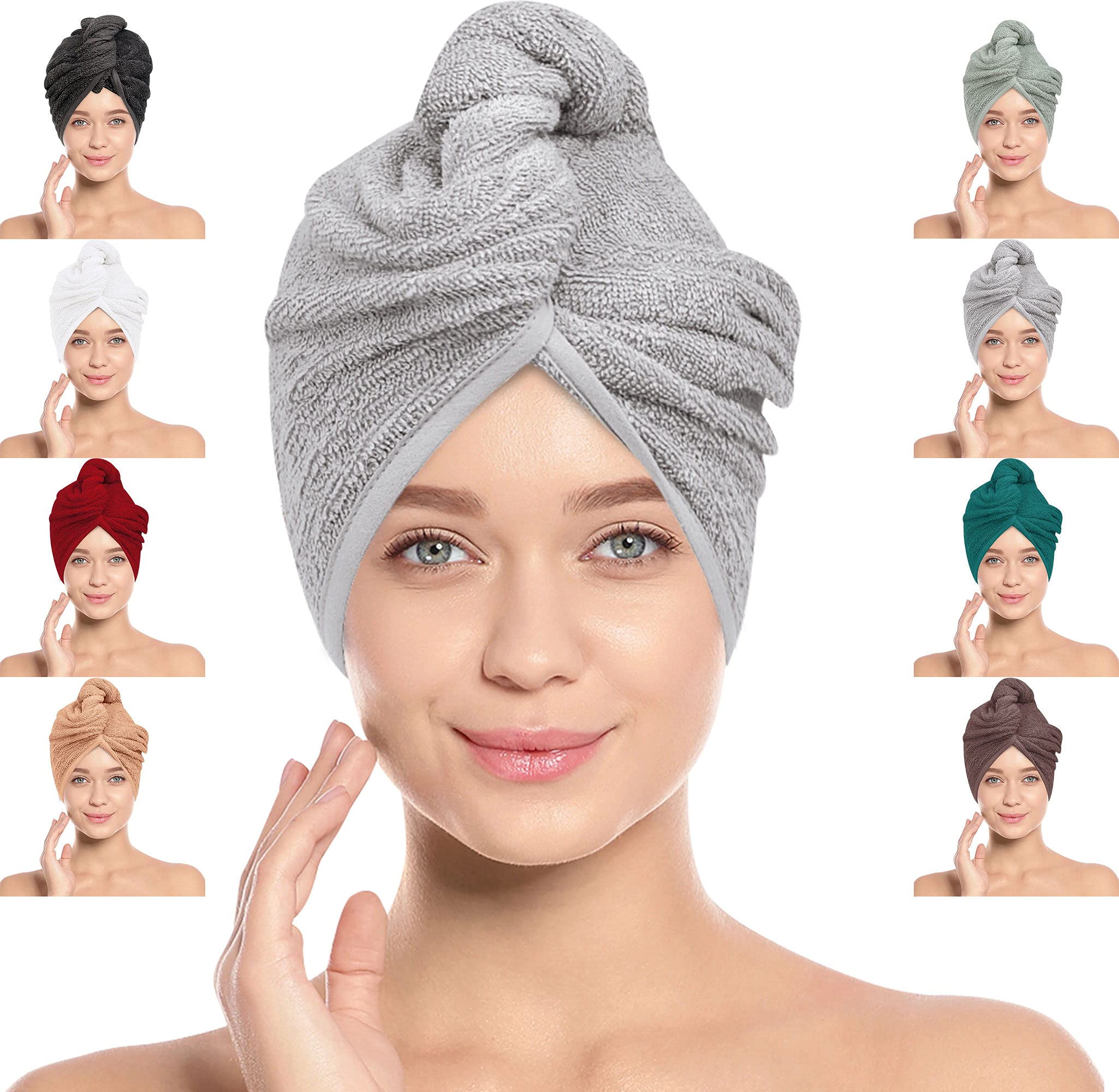 LOOMKNIT Hair Towel Wrap Lightweight Turban, Instant Drying 100% Cotton Hair Cap Super Quick Absorbent Anti-Frizz Twist Toweling Dry Hat with Button and Loop for Long Curly Hairs, 61 x 24CM