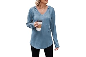 Famulily Long Sleeve Shirt for Women Lightweight V Neck Pullover Hoodies Drawstring Sweatshirt with Pocket