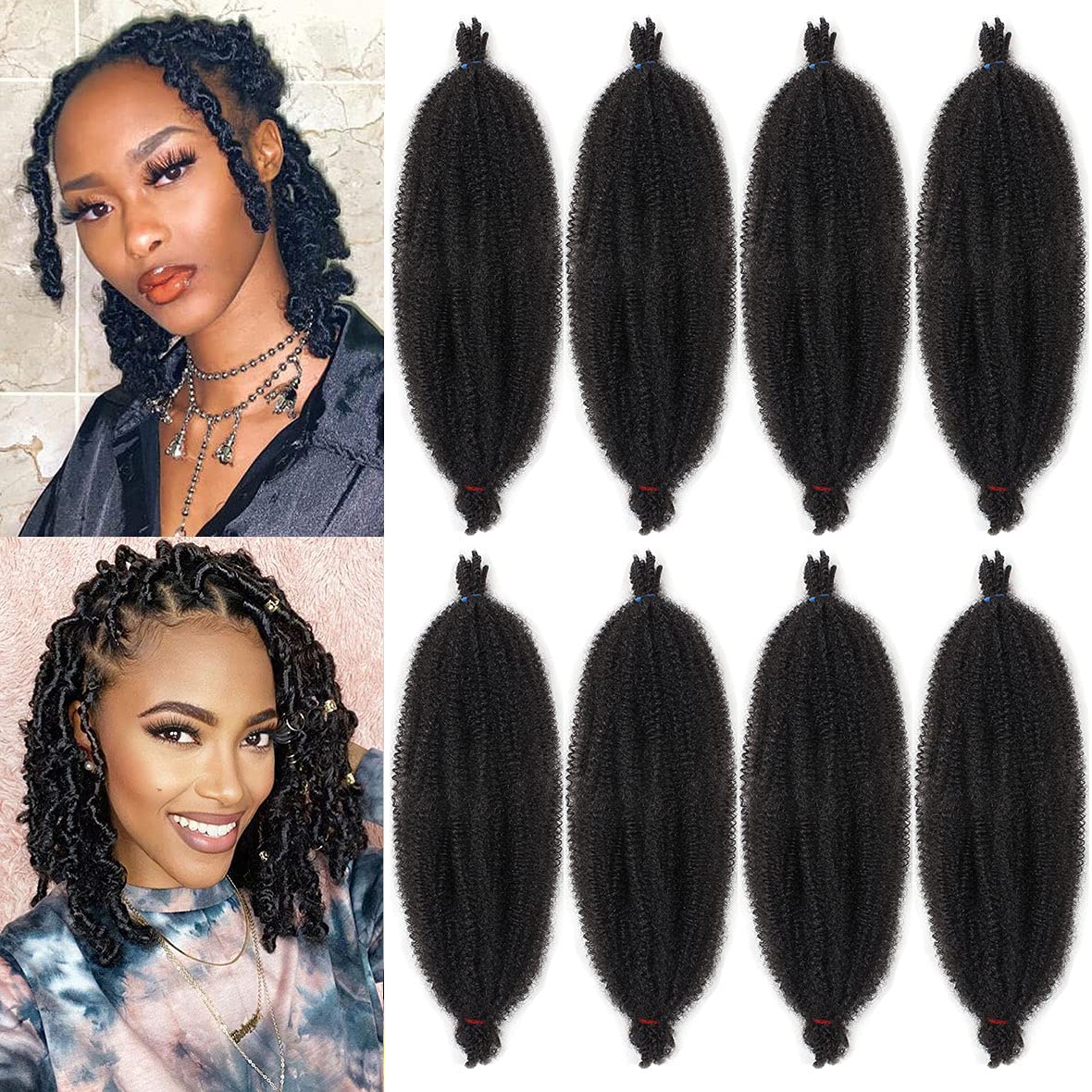 Photo 1 of 16 Inch Pre-Separated Springy Afro Twist Hair 8 Packs Spring Twist Hair For Distressed Soft Locs Natural Black Marley Twist Crochet Braiding Hair Synthetic Hair Extensions (8 Strands/Pack,1B#)