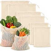 MAQIHAN Reusable Cotton Mesh Produce Bags - 6 Pack Mesh Storage Produce Bag | Durable Double Stitched Bags with Drawstring for Vegetables, Fruit and Grocery Shopping, 2L, 2M and 2S