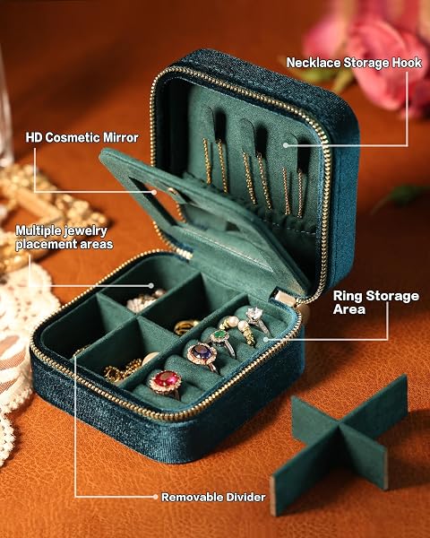 VIDIFINA TRAVEL JEWELRY BOX WITH MIRROR – TEAL BLUE VELVET ORGANIZER ADJUSTABLE COMPARTMENTS FOR NECKLACES, RINGS | PORTABLE LUXURY TRAVEL JEWELRY CASE FOR WOMEN, GIFT-WORTHY DESIGN