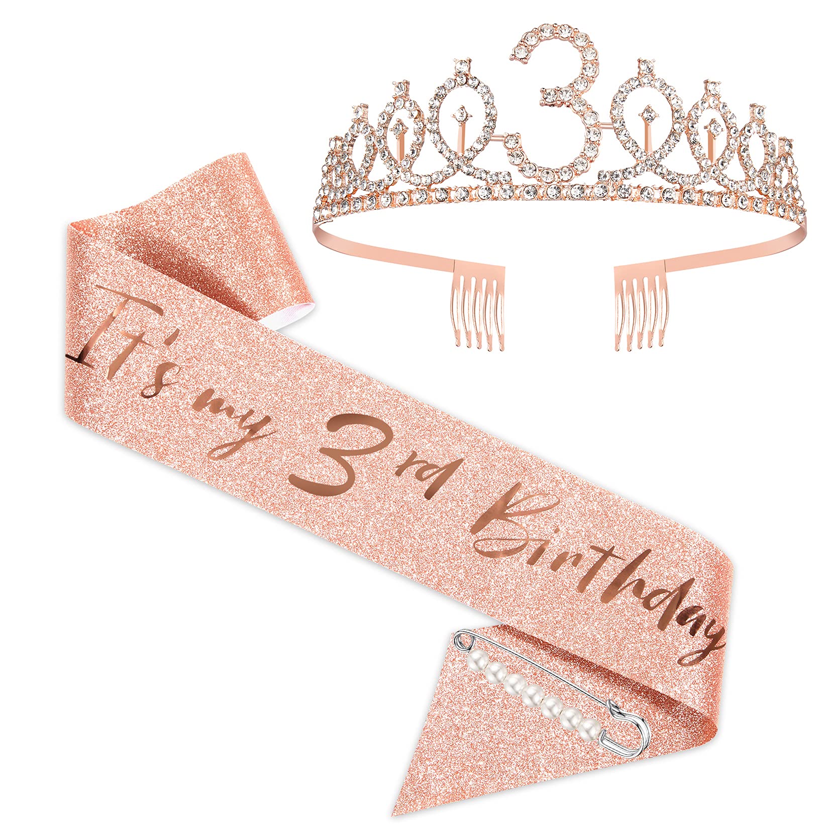 SZHUIHER 3rd Birthday Sash and Tiara for Girls, Rose Gold Birthday Sash Crown 3 & Fabulous Sash and Tiara for Girls, 3rd Birthday Gifts for Happy 3rd Birthday Party Favor Supplies