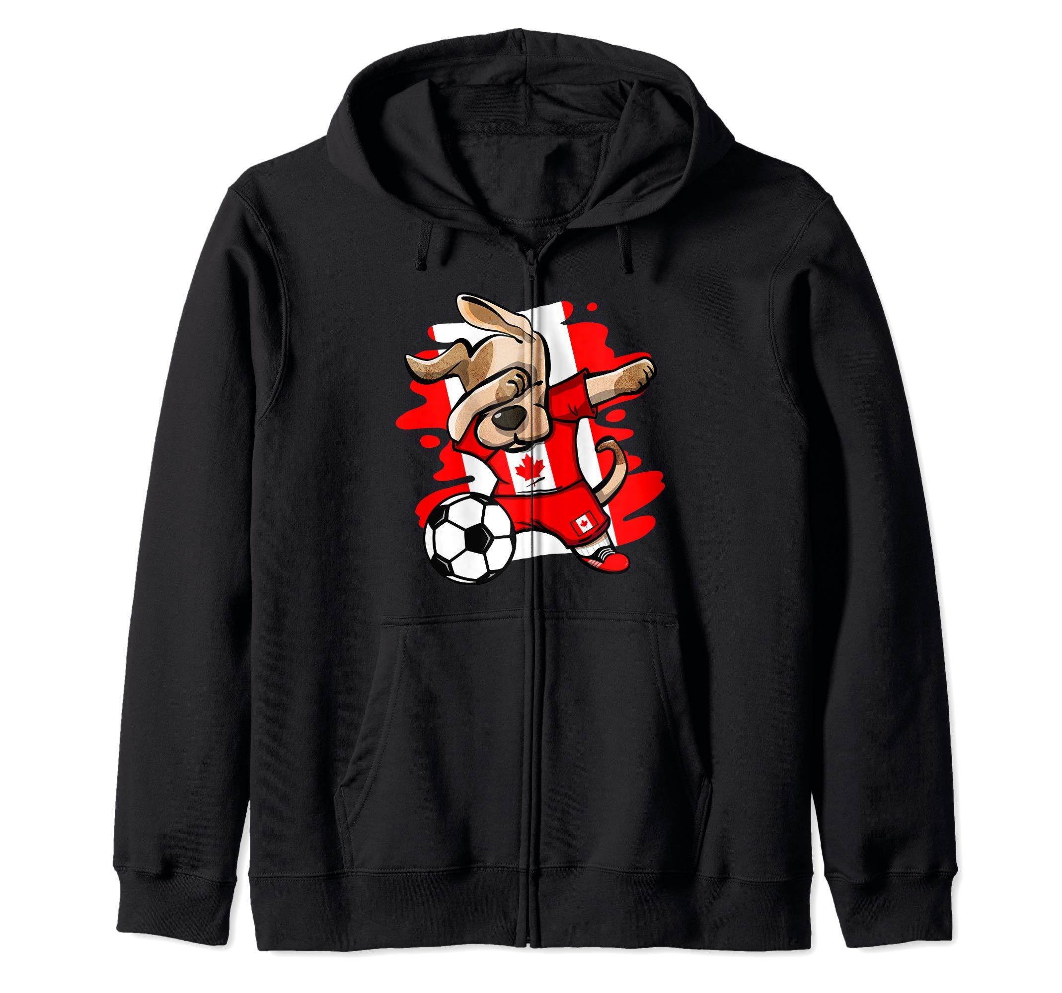 Dabbing Dog Canada Soccer Fans Jersey Canadian Flag Football Zip Hoodie