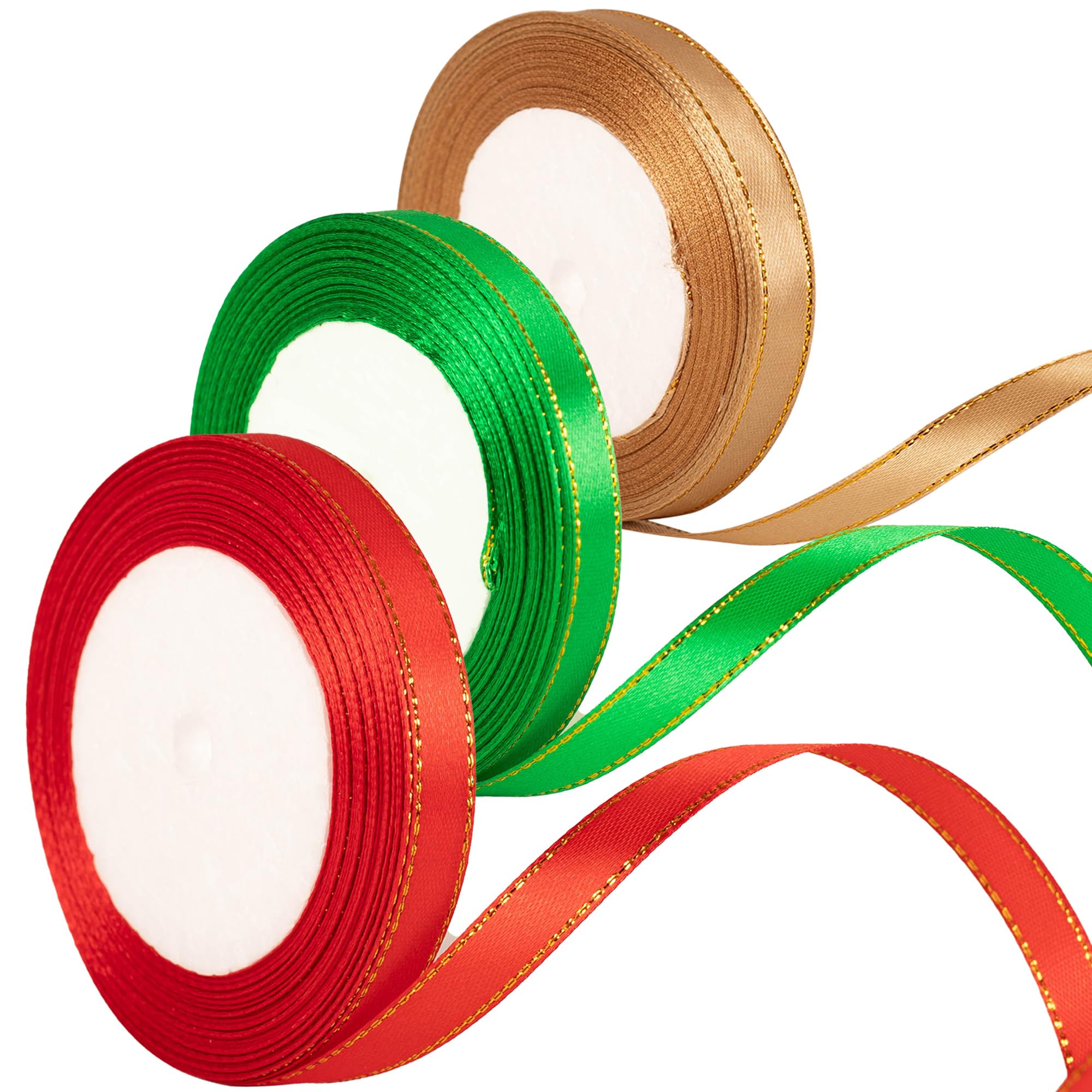 3Rolls 22m x 10mm Thin Gold Red and Green Ribbon Christmas Ribbon for Gift Wrapping, 2/5 inch Slim Gold Red and Green Satin Ribbon for Christmas Cake Xmas Present Wrapping Hair Bow Crafts Decorations