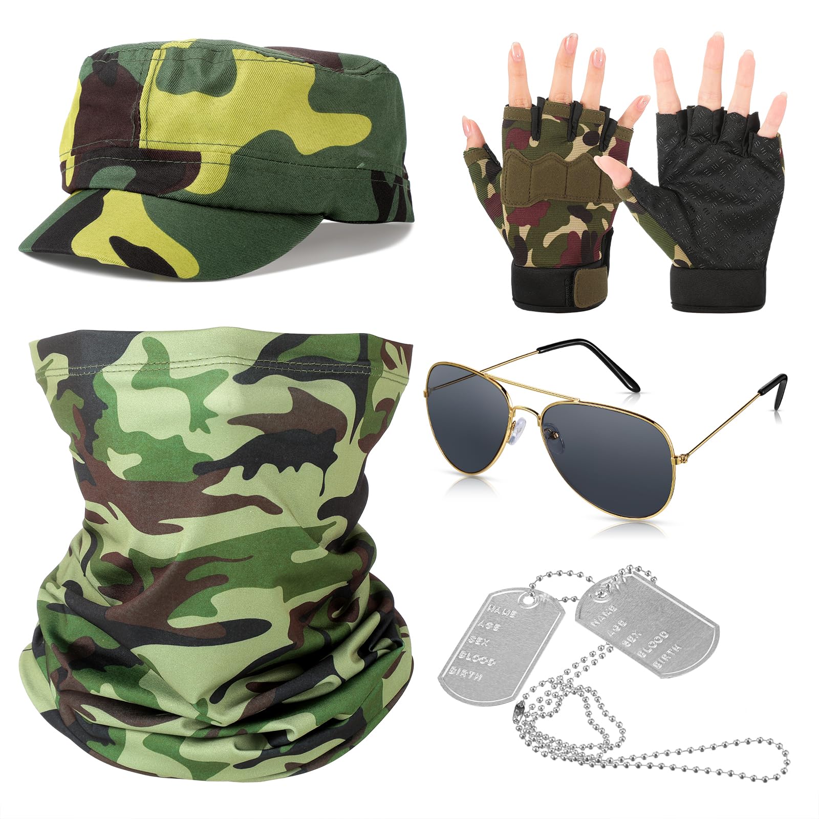 Hestya 5 Pieces Accessories Kits Unisex Camouflage Hat Camo Face Warmer Camouflage Half Finger Gloves Sunglasses Dog Tag for Adul Cosplay Costume Party Decoration Cycling Running Fishing