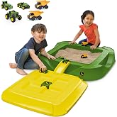 John Deere Sandbox Playset with Protective Cover, Includes 5 Realistic Trucks &amp; Tractors, Perfect Outdoor Sand Toy for Kids, Imaginative Play &amp; Active Backyard Fun