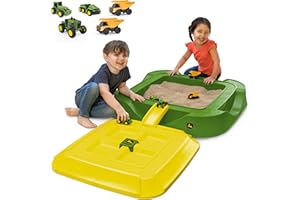 John Deere Sandbox with Cover, 15 Piece Accessory Set, Kids Outdoor Sand Play Toy, Tractor, Tools & Molds Included