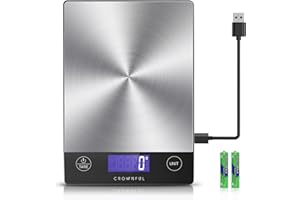 CROWNFUL Food Scale, Rechargeable 304 Stainless Steel Digital Kitchen Scale Upto 33lb Weight Grams and Ounces with LCD Displa