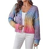 MakeMeChic Women's Colorful Chunky Cropped Cardigans Button Down Long Sleeve Drop Shoulder Rainbow Sweater
