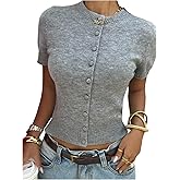 SHENHE Women's Button Down Cardigan Crew Neck Short Sleeve Lightweight Knit Fitted Sweaters