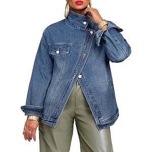 SHEWIN Women's Oversized Jean Jacket Vintage Washed High Neck Denim Jacket Asymmetrical Button Down Street Style Coat