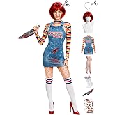 UAYUAY 【6 Sizes】 Halloween Chucky Costume for Women Sexy Bolero Top Overall Bodysuit Wig Socks Scar Tattoos Prop Knife