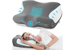 Elviros Cervical Neck Pillow for Neck Pain Relief, CPAP Pillow for Side, Back & Stomach Sleepers, Ergonomic Orthopedic Pillow for CPAP Users to Reduce Air Leaks and Mask Pressure, Dark Grey