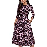 Runwind Vintage Dress for Women - 3/4 Sleeve Casual A-Line Wedding Guest Cocktail Dress with Pockets