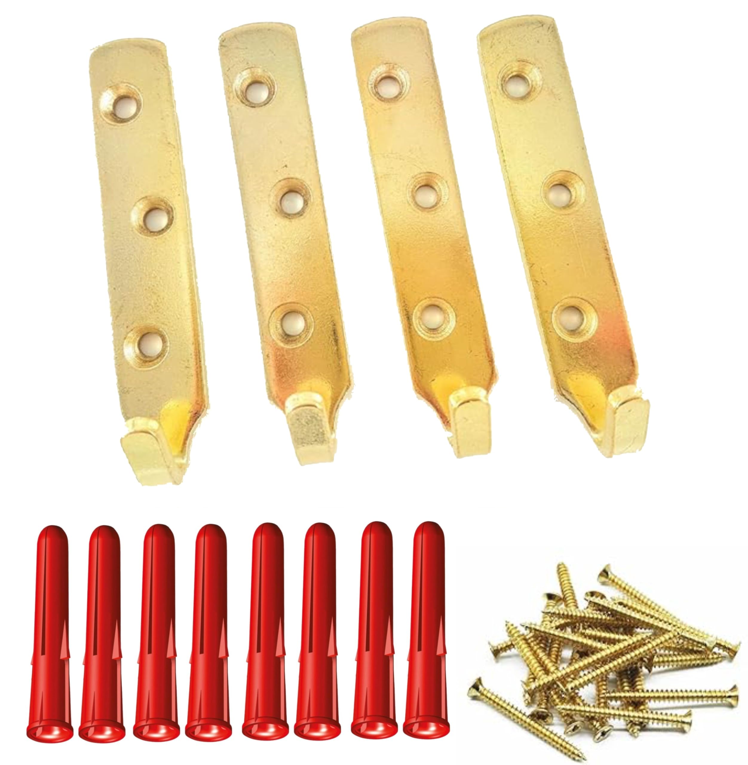 SISI UK® 4 x Heavy Duty Brass Plated J Hooks 3 Hole 80mm - Hold up to 35KG (Each Hook) with Screws & Rawplug