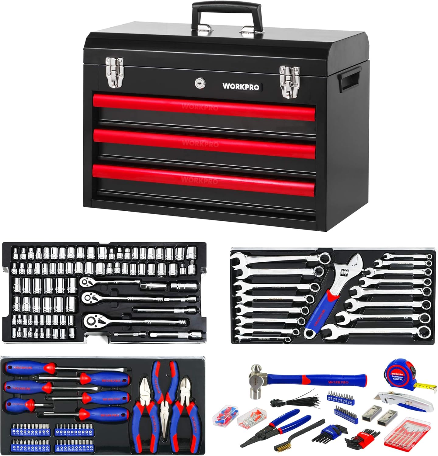 WORKPRO 408-Piece Mechanics Tool Set with 3-Drawer Heavy Duty Metal Box (W009044A) - - 