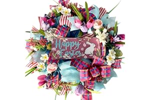 Egolot 22 Inch Easter Bunny Wreath for Front Door, Spring Easter Bunny Wreath with Pink Tulip and Flowers for Indoor Outdoor,