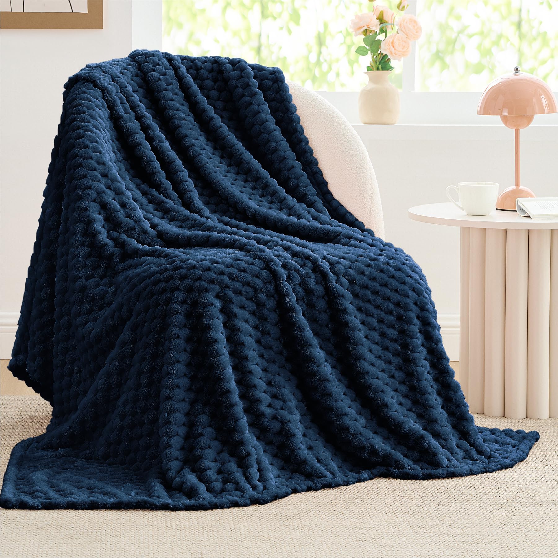 Photo 1 of BEDELITE Fleece Throw Blanket for Couch & Bed - 3D Jacquard Decorative Navy Blanket, Super Soft and Cozy Warm Fuzzy Blanket All Seasons Suitable, 50x60Inches