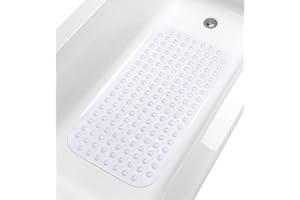 Tike Smart Large Non-Slip Bathtub & Shower Mat 31”x16” (Smooth/Non-Textured Tubs Only) Safe, Clean, Machine-Washable, Superior Grip&Drainage, Vinyl, Transparent Clear