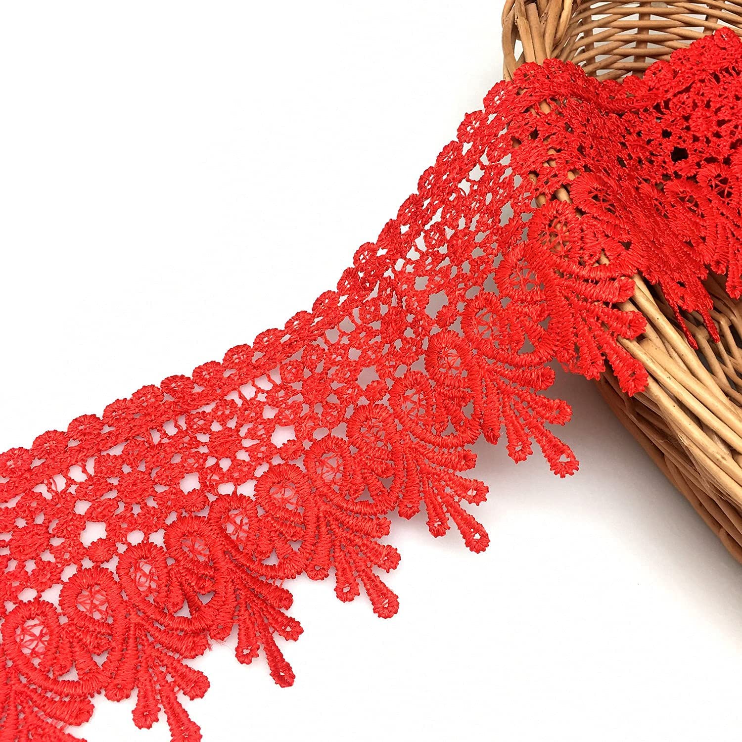 FQTANJU 5 Yard Floral Lace Edge Trim 9cm Wide Ribbon Edging Trimmings Wedding Dress Embellishment Gift Party Decoration Applique DIY Sewing Crafts (Red)