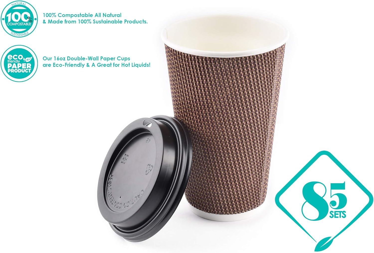 [85 SETS] 16 oz Disposable Double Walled Hot Cups with Lids - No Sleeves needed Premium Insulated Ripple Wall Hot Coffee Tea Chocolate Drinks Perfect Travel To Go Paper Cup and lid Brown Geometric: Health & Personal Care