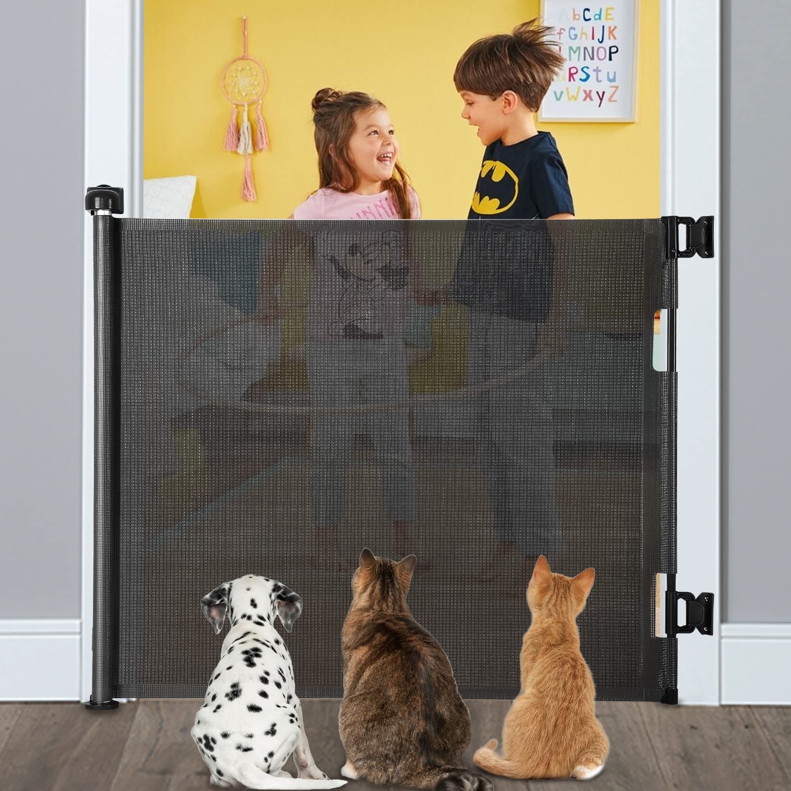 MYPIN Extra Wide Retractable Dog Gates - Indoor/Outdoor Stair Gates for Baby & Dogs(Black, 180 X 86 CM)