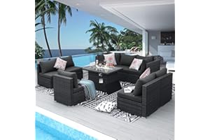NICESOUL® Extra Large Size High-Back Outdoor Patio Furniture Sectional Sofa Sets with Dual Natural Gas Propane Fire Pit Table, Wicker Conversation Sets Modern Luxury Grey 9 Pieces