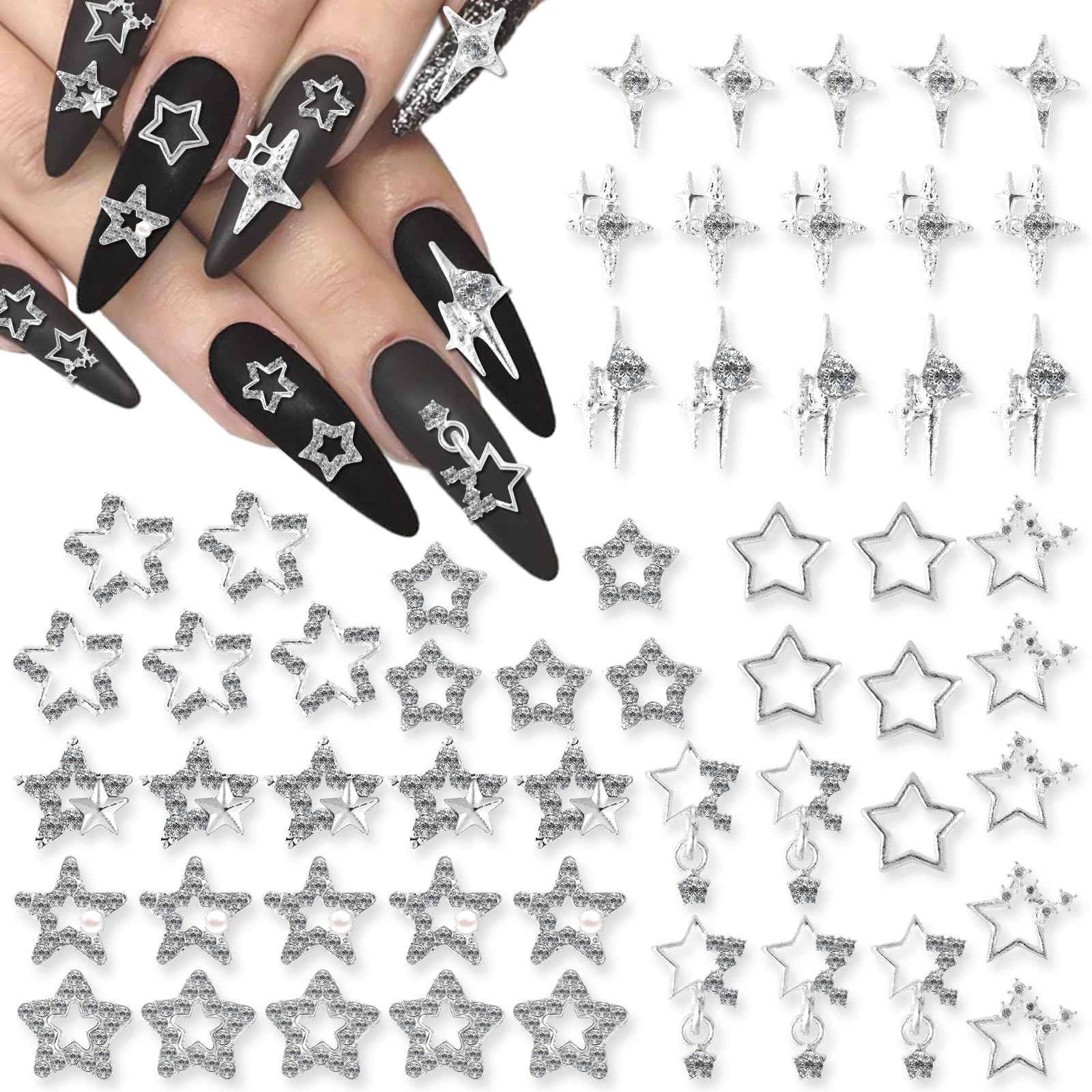 55pcs Star Nail Charms, 11 Styles Nail Glitter Rhinestones Art 3D Star Y2k Nail Ornaments Decorations Shiny Nail Gems Accessories for DIY Crafts Creative Manicure Design Women Girls