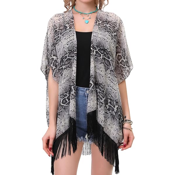 BYOS Women's Lightweight Printed Lace Kimono Cardigan - Open Front Beach Coverup With Fringes, Boho Style