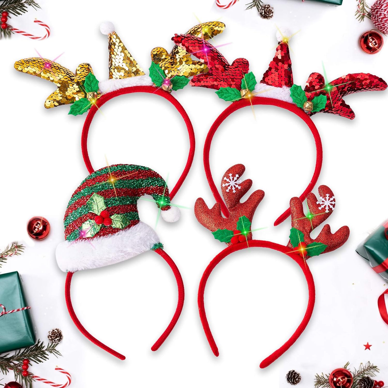 Christmas Headbands, 4 Pack Reindeer Antler and Santa Hats