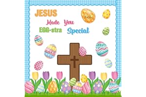 CY2SIDE 85PCS JESUS Made you EGG-stra Special Cutouts for Bulletin Board Border Set Easter Eggs Cutout Name Tag Christian Cross Church Theme Trim Border Religious Sunday Classroom Bulletin Board Decor