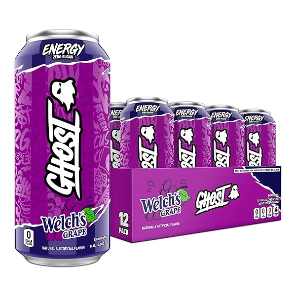 GHOST ENERGY DRINK – 12-PACK, WELCH’S GRAPE, 16OZ CANS – ENERGY & FOCUS & NO ARTIFICIAL COLORS – 200MG OF NATURAL CAFFEINE, L-CARNITINE & TAURINE – GLUTEN-FREE & VEGAN