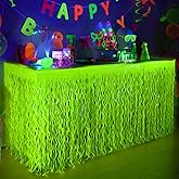 Mega-L Glow in The Dark Party Supplies, 2 Pack Neon Party Decorations Fluorescent Macaron Yellow Wavy Metallic Tinsel Foil Fringe Table Skirts, Perfect Table Decors for Glow Birthday New Year Decor