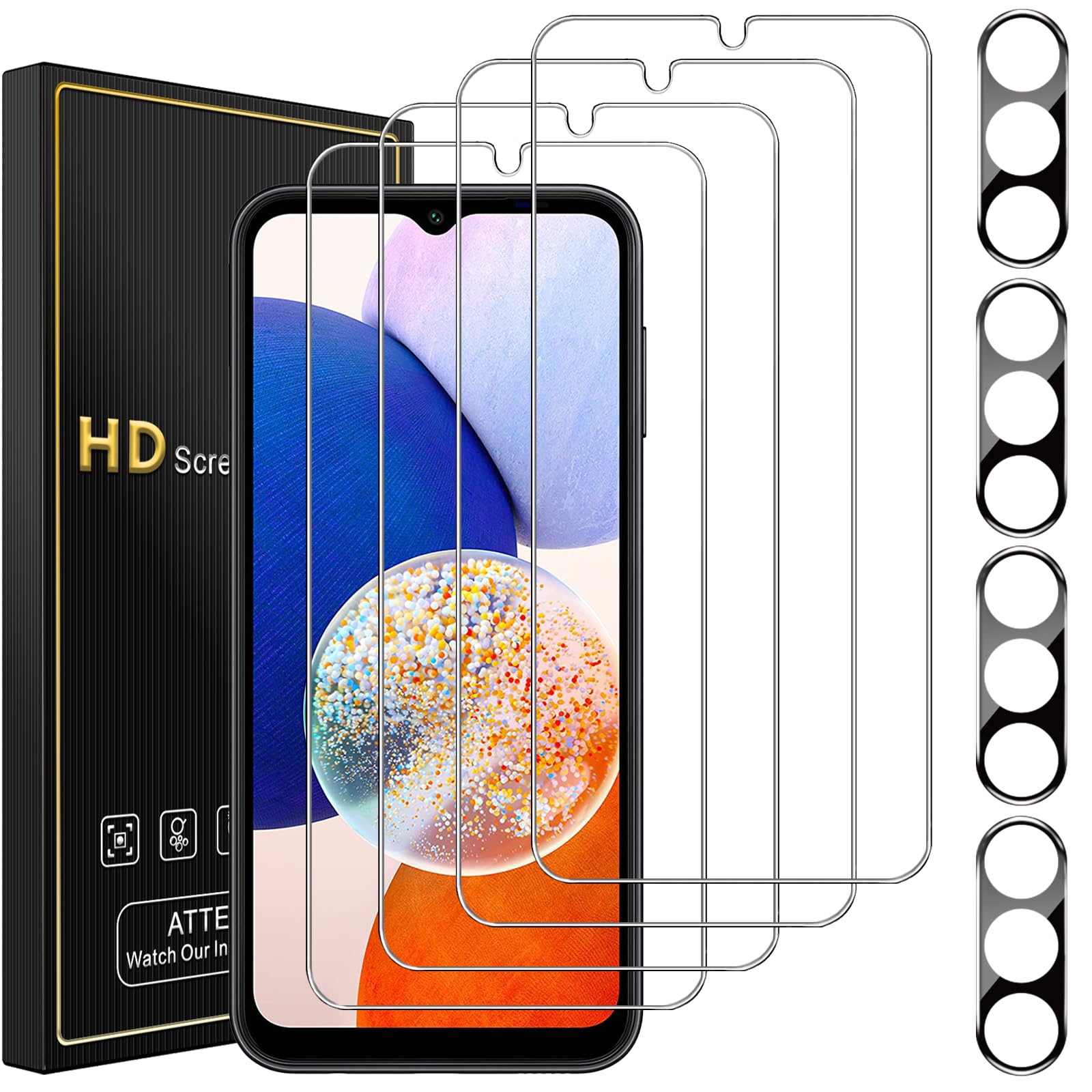 Romkasi 4 Pack Screen Protector for Samsung Galaxy A14 5G with 4 Pack Camera Lens Protector, Full Coverage Tempered Glass Film Anti-Fingerprint Case Friendly