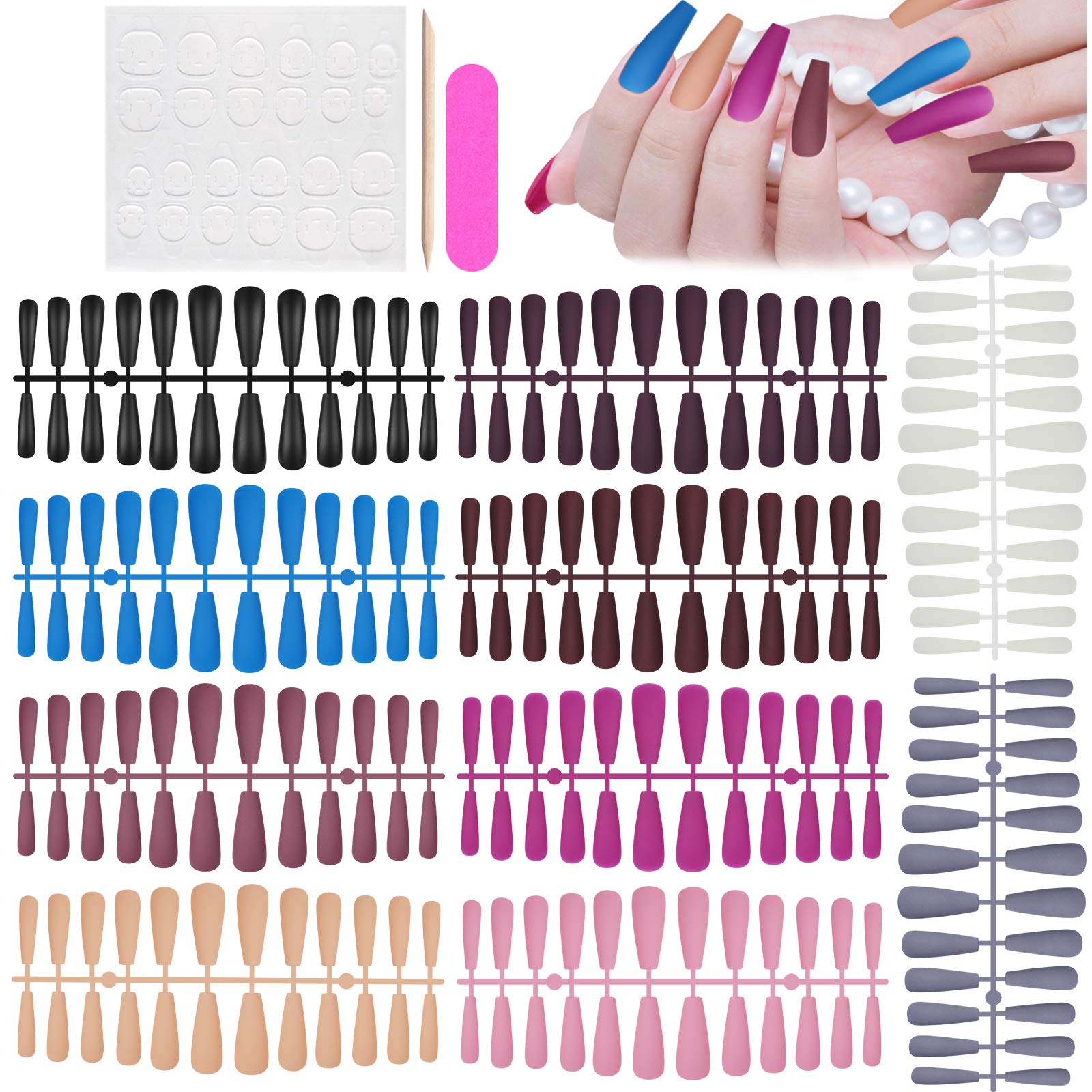 EBANKU 240 Pieces Colorful Coffin False Nails, Extra Long Press on Nails Full Cover Fake Nails Tips with Nail Stick Nail File and 24PCS Nail Adhesive Tabs, Ballerina Nail Kits for Women