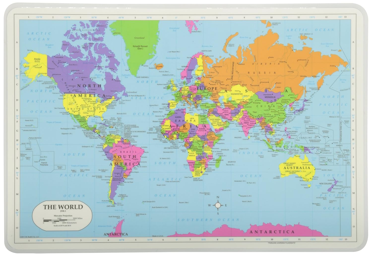 Painless Learning Map Placemat, multicoloured, World Place Mats