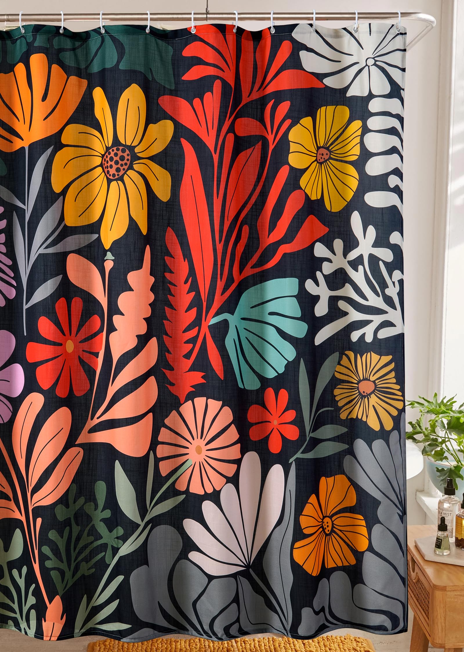 RoomTalks Black Floral Shower Curtain for Funky Aesthetic Bathroom Decor - Heavy Duty Modern Abstract Matisse Flowers Cute Colorful Botanical Shower Curtain Set