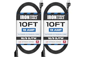 Iron Forge Cable 2 Pack 10 Ft Black Extension Cord, 16/3, 10 Foot Extension Cord, 3 Prong, Weatherproof - Great for Outside Use