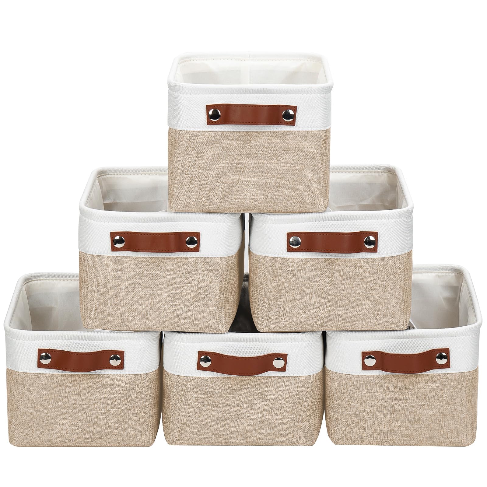 Photo 1 of Bagnizer Small Storage Basksts with PU Handle - 12*8*6 inch Decorative Fabric Storage Bins, Foldable Linen Closet Cubes, Organizer Container for Home, Shelves, Nursery, Dorm, Gift (Beige&White)