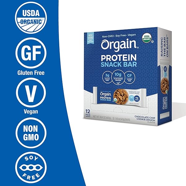 ORGAIN ORGANIC PLANT BASED PROTEIN BAR, CHOCOLATE CHIP COOKIE DOUGH 12 CT