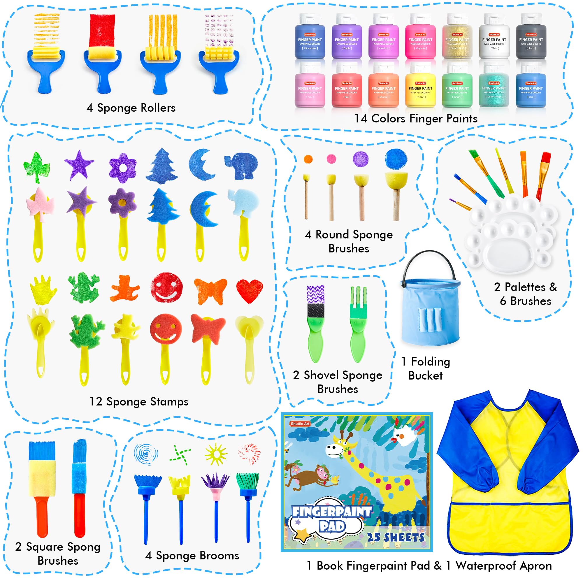 Shuttle Art Washable Kids Paint Set - 46 Pack with 14 Colors (60ml), Brushes, Finger Paint Pad, Sponge, Palette, Smock, Non-Toxic for Toddlers
