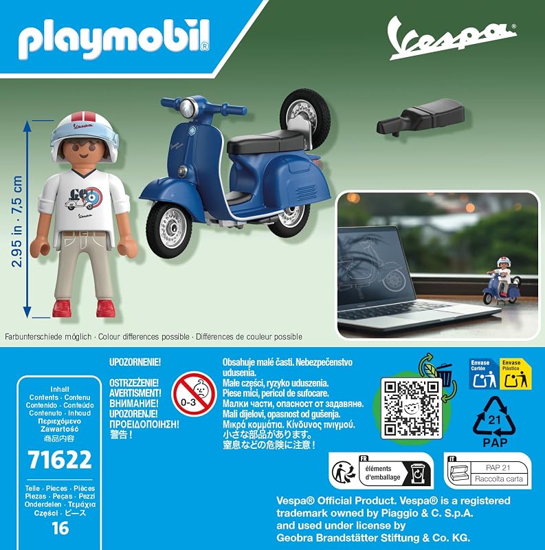 71622 1969 Vespa 150 Sprint Veloce, Bleu - Comprend Un Personnage, Une Vespa, Deux selles, Une Roue de Secours Amovible Ainsi Que des Accessoires - Dès 5 Ans
