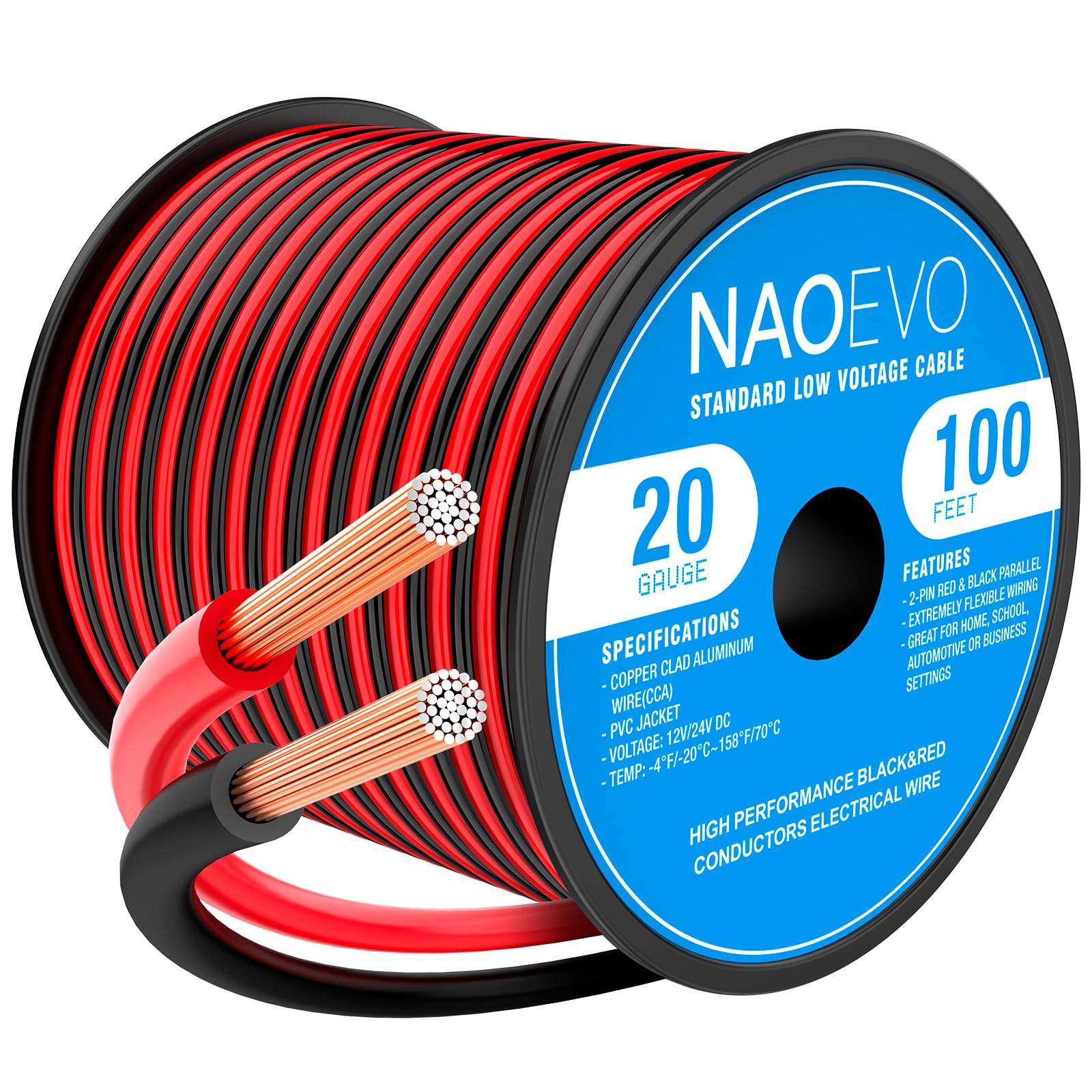 Photo 1 of NAOEVO 20 Gauge Wire 100FT, 2 Conductors Electrical Wire Red Black Cable, Flexible/Low Voltage/PVC 20 AWG Copper Clad Aluminum Extension Cord for Speaker, LED Strips, Automotive 12V/24V DC
