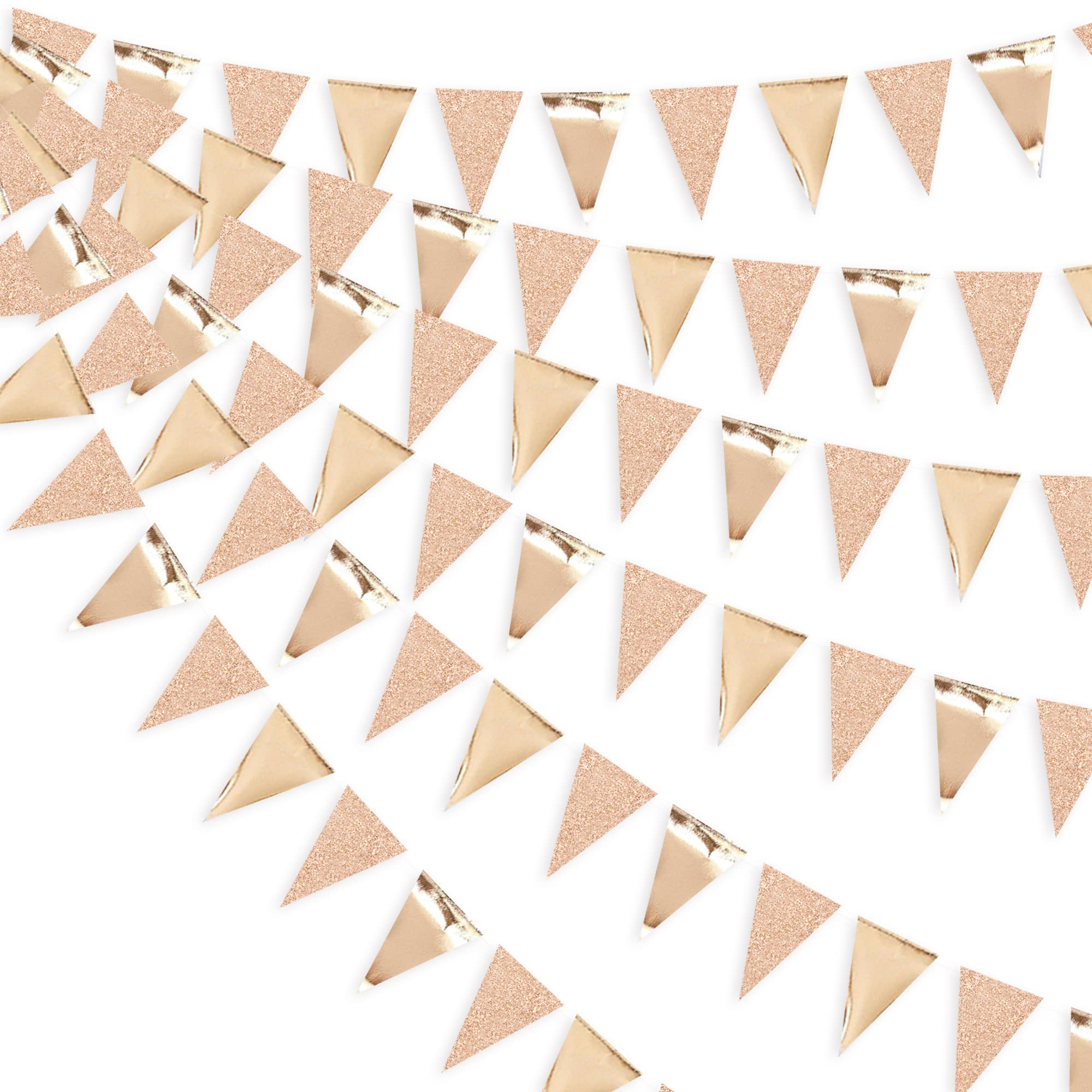 30 Ft Champagne Gold Double Sided Glitter/Metallic Paper Triangle Flag Bunting Pennant Banner for Wedding Birthday Holiday Festivals Anniversary Bridal Shower Hen Christmas Decorations Party Supplies